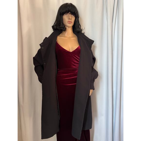 H&M Black dress coat rounded fold over collar with flower belt 12 - Picture 13 of 17